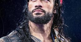 Roman Reigns looking fierce, showcasing his championship titles and ready for action in the wrestling ring.