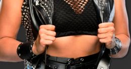 Rhea Ripley showcases an edgy look with a studded leather vest and striking fishnet details, embodying fierce style.