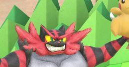 Intense Incineroar poses triumphantly amidst playful Pikachu, showcasing fiery strength and vibrant colors in a dynamic scene.