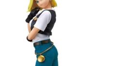 Android 18 stands confidently with a stylish outfit, showcasing her iconic look from Dragon Ball Z.