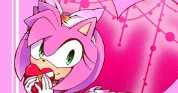 Amy Rose in a pink dress holding a heart, embodying her cheerful and romantic personality in a vibrant anime style.
