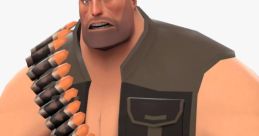 Buff TF2 Mercs character with a fierce expression, wearing ammo bandolier and gloves, showcasing strength and readiness.