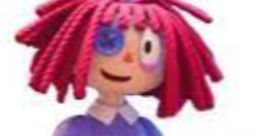 Ragatha with vibrant red hair and a purple dress, waving cheerfully, embodies playful charm and creativity.