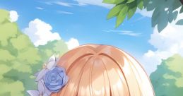 Smiling girl with long blonde hair and floral accessories, set against a serene park background, embodying "For Eileen Lullaby.