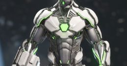 Futuristic cyborg character Grid from Injustice 2, showcasing metallic armor and neon green accents in a dynamic pose.