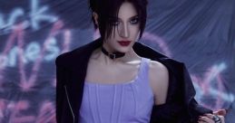 Karina flaunts an edgy look in a crop top and leather jacket, exuding confidence and allure in an urban setting.