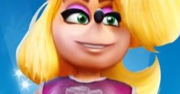 Tawna Bandicoot from CTRNF, featuring her stylish outfit and confident pose against a sparkling blue background.