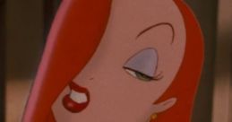 Jessica Rabbit-inspired character with flowing red hair, sultry expression, and glamorous purple attire, exuding allure.