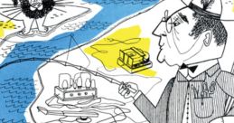 Whimsical illustration of a man fishing with a dog, showcasing quirky gadgets and a lion, representing Cook Records Effects Library.