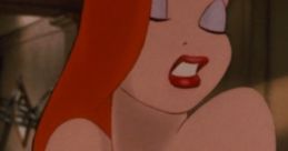 Jessica Rabbit with flowing red hair and a vibrant red dress, exuding confidence and allure in a classic animated scene.