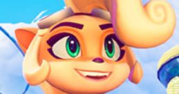 Coco Bandicoot from Crash 4 smiling, wearing stylish outfit, holding a vibrant backpack in a colorful game environment.