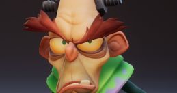 N. Brio character from Crash 4 displays a menacing expression, featuring green attire and mechanical enhancements.