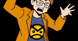 Bill Dickey (Jason Harris) animated character expression, wearing an orange blazer and a humorous graphic tee.