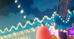 SpongeBob and Patrick share a fun moment at a colorful amusement park with festive lights in the background.