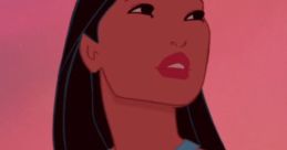 Pocahontas, voiced by Irene Bedard, gazes thoughtfully with her flowing hair and iconic necklace against a sunset backdrop.