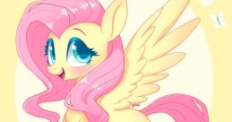 Fluttershy with pink mane and wings, playfully posing against a soft yellow background, exudes charm and cuteness.