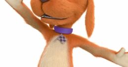 Cheerful orange cartoon dog with big eyes and a purple collar, waving happily, ideal for pet-themed content and tag applications.