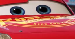 Close-up of Lightning McQueen, the iconic red race car from the movie "Cars," featuring big blue eyes and a friendly smile.