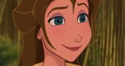 Jane Porter from Tarzan, animated character, smiling with brown hair in a light yellow outfit against a natural backdrop.