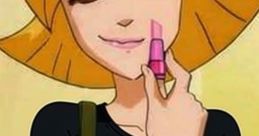 Clover from Totally Spies! expresses joy with heart-filled background, showcasing her playful and vibrant personality.