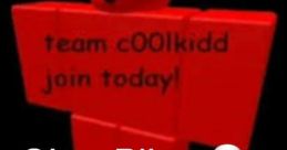 Red Roblox character promoting "team c00lkidd," with a mysterious figure in the background. Join the fun today!