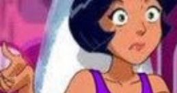 Alex from Totally Spies! shows a surprised expression in a purple tank top, emphasizing her vibrant personality and style.