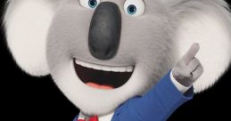 Buster Moon de "Sing" sonriente en traje azul, destacando su personalidad encantadora en Español Latino.