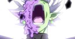 Merged Zamasu unleashes an angry scream, featuring green skin and white hair with purple energy emanating from his mouth.
