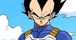 Vegeta stands confidently in his iconic blue and white armor against a clear sky, exuding power and determination.