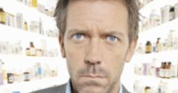 Dr. Gregory House, M.D. with a cane, serious expression, surrounded by shelves of medication in a medical setting.