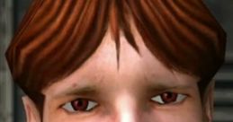 Close-up of a video game character with distinctive red eyes and brown hair, wearing a blue shirt, reminiscent of Dan Wilson.