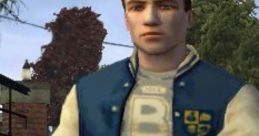 Ted Thompson character in a blue varsity jacket, standing confidently in a neighborhood setting, with trees in the background.