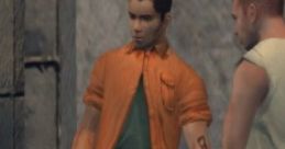 Edgar Munsen in an orange shirt interacts with characters in a gritty urban setting, showcasing a tense moment.
