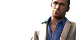 Character in a white suit holds a rifle, showcasing a confident demeanor and a stylish, bold look in a dramatic setting.