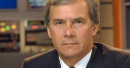 News anchor in a professional suit, presenting serious expression in a studio setting, showcasing authority in American television.