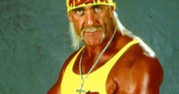 Hulk Hogan poses flexing muscles in yellow wrestling attire with a championship belt, showcasing his iconic wrestling persona.