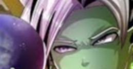 Fused Zamasu from DBS, showcasing green skin and a menacing smile while holding a dark sphere, embodying power and intrigue.