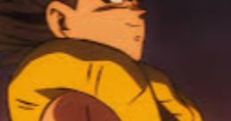Gogeta from Dragon Ball Super, in a fierce pose with a yellow vest, showcasing his power and determination.