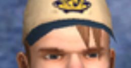 Close-up of a stern character wearing a baseball cap and blue jacket, embodying a confident persona.