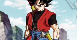 Xeno Goku from DB Heroes stands confidently, showcasing his unique outfit and powerful presence in a dramatic landscape.