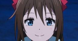 Cheerful young girl with blue eyes, brown hair, and a red bow, warmly greeting in a cozy winter outfit. Shizuku Osaka inspired.