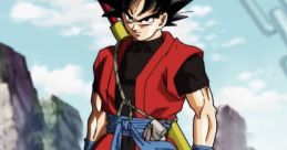 Goku Xeno stands confidently in a battle-ready pose, showcasing his signature style and powerful aura in Dragon Ball Heroes.