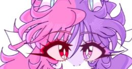Character design of Moon Onii featuring vibrant pink and purple hair, striking eyes, and a black outfit.