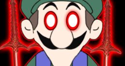 Weegee-inspired character with red eyes and swords, creating a spooky, cartoonish vibe. Perfect for fan art or memes.
