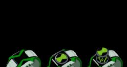 Three distinct Omniverse Omnitrix designs showcasing their unique patterns and vibrant green accents against a dark background.