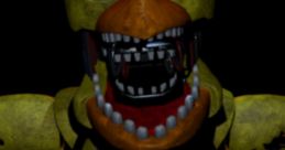 Withered Chica in a dark setting, showcasing her eerie features and iconic "LET'S EAT!!!" shirt. Terrifying animatronic character.