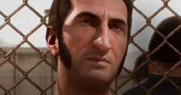 Leo Caruso, a character with a serious expression, stands against a chain-link fence in a gritty environment.