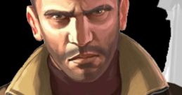 Niko Bellic, a main character in GTA IV, exudes intensity with a purposeful gesture and determined expression.