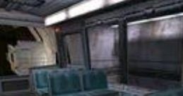Interior view of the Half-Life 1 Transit System, featuring empty teal seats and a futuristic design atmosphere.
