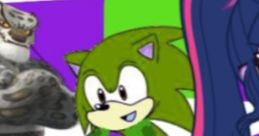 Colorful cartoon character with green spiky hair, thumbs up, surrounded by vibrant backgrounds, featuring unique designs.